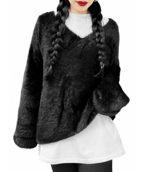 【LVEU.】モヘアVネックシャギーニット(Ai select) / トップス シャギー モヘア セーター ニット Vネック 起毛 ふわふわ 暖かい オーバー ブラック ホワイト（ニット/セーター）｜LVEU.（ラブユ.）
