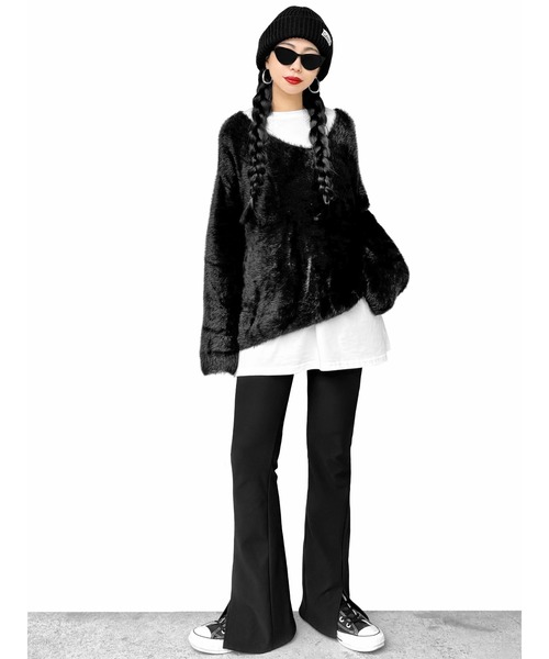 【LVEU.】モヘアVネックシャギーニット(Ai select) / トップス シャギー モヘア セーター ニット Vネック 起毛 ふわふわ 暖かい オーバー ブラック ホワイト（ニット/セーター）｜LVEU.（ラブユ.）