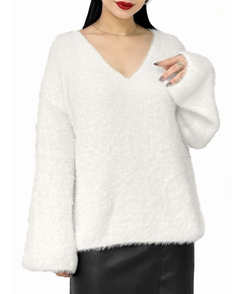 【LVEU.】モヘアVネックシャギーニット(Ai select) / トップス シャギー モヘア セーター ニット Vネック 起毛 ふわふわ 暖かい オーバー ブラック ホワイト（ニット/セーター）｜LVEU.（ラブユ.）