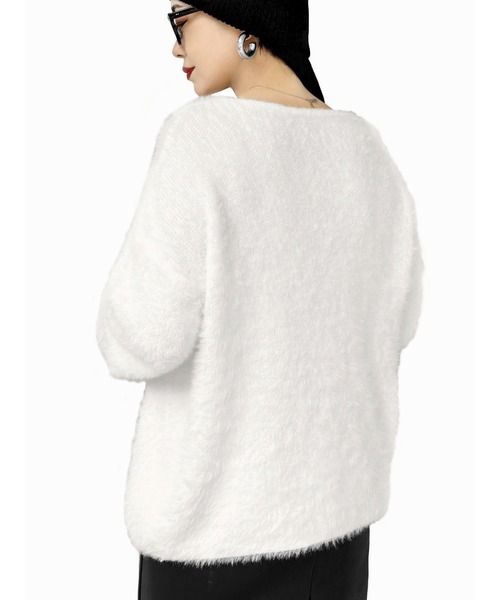 【LVEU.】モヘアVネックシャギーニット(Ai select) / トップス シャギー モヘア セーター ニット Vネック 起毛 ふわふわ 暖かい オーバー ブラック ホワイト（ニット/セーター）｜LVEU.（ラブユ.）