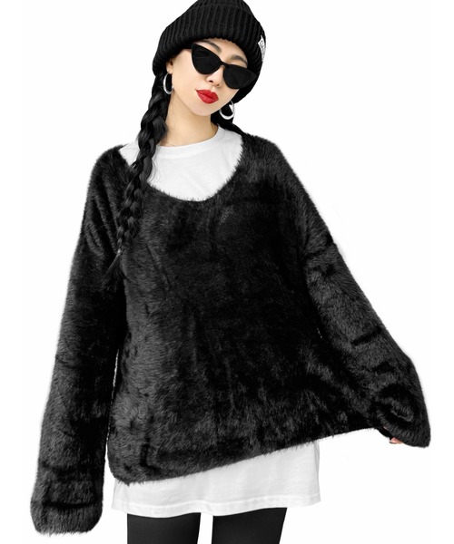 【LVEU.】モヘアVネックシャギーニット(Ai select) / トップス シャギー モヘア セーター ニット Vネック 起毛 ふわふわ 暖かい オーバー ブラック ホワイト（ニット/セーター）｜LVEU.（ラブユ.）