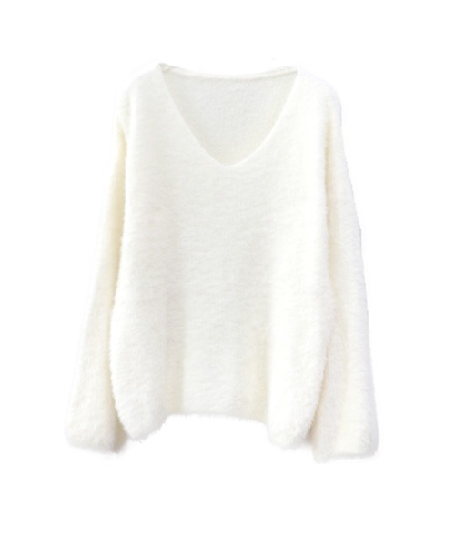 【LVEU.】モヘアVネックシャギーニット(Ai select) / トップス シャギー モヘア セーター ニット Vネック 起毛 ふわふわ 暖かい オーバー ブラック ホワイト（ニット/セーター）｜LVEU.（ラブユ.）