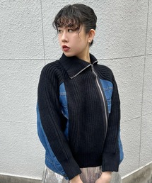 デニムドッキングニット/ジップニット/アシンメトリー