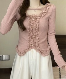 レースフリルリブニットトップス