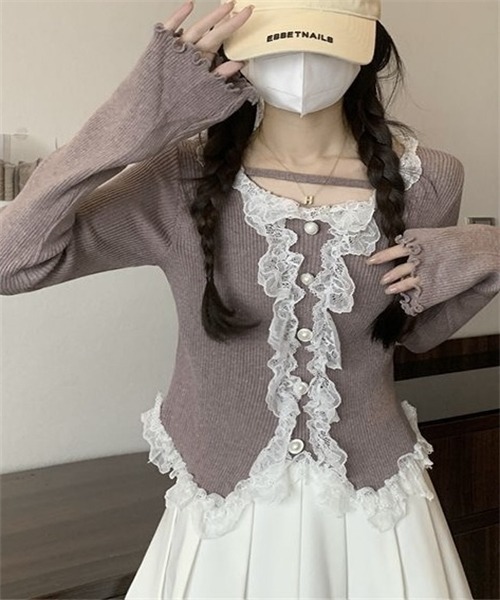 Dream garden(ドリームガーデン)の「レースフリルリブニットトップス(ニット/セーター・レディース・ピンク/モカ/ブラック/グレー・FREE)」の15枚目の写真