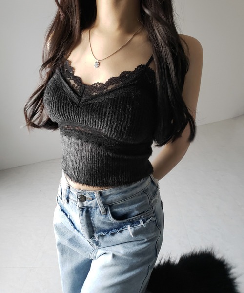 カップ付き 】ダブルレースシャギーファーショートビスチェ