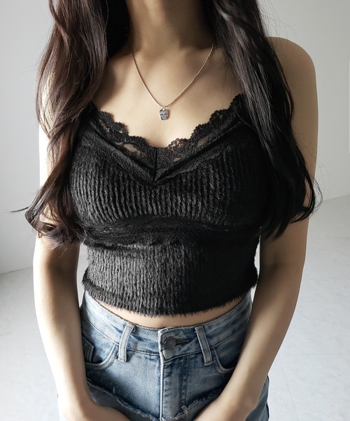 希少 黒入荷！ セール】【 カップ付き 】ダブルレースシャギーファーショート トップス