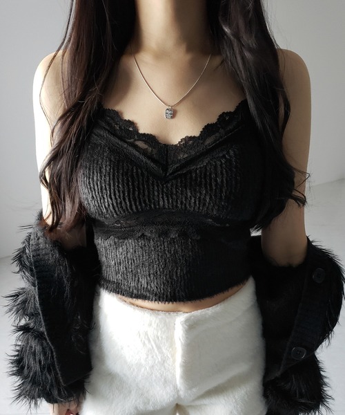 カップ付き 】ダブルレースシャギーファーショートビスチェ