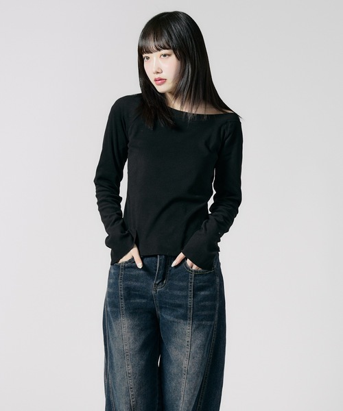 Chick(チック)の「Soft Tach Offshoulder Knit Sewn / ソフトタッチ オフショル ニットソー 夏物 夏服(Tシャツ/カットソー・レディース・グレー/ブラック・FREE)」の2枚目の写真