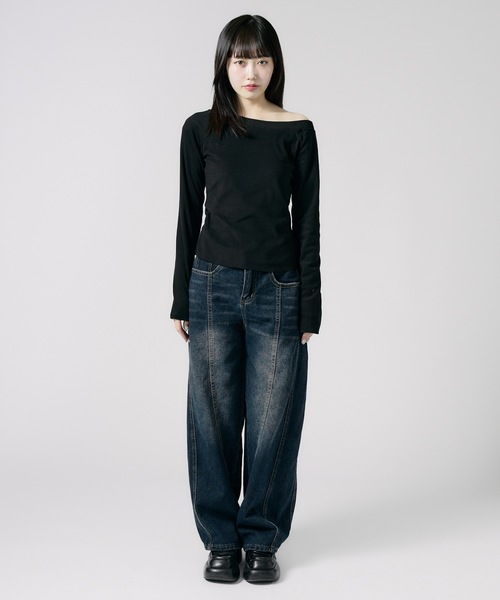 Chick(チック)の「Soft Tach Offshoulder Knit Sewn / ソフトタッチ オフショル ニットソー 夏物 夏服(Tシャツ/カットソー・レディース・グレー/ブラック・FREE)」の6枚目の写真