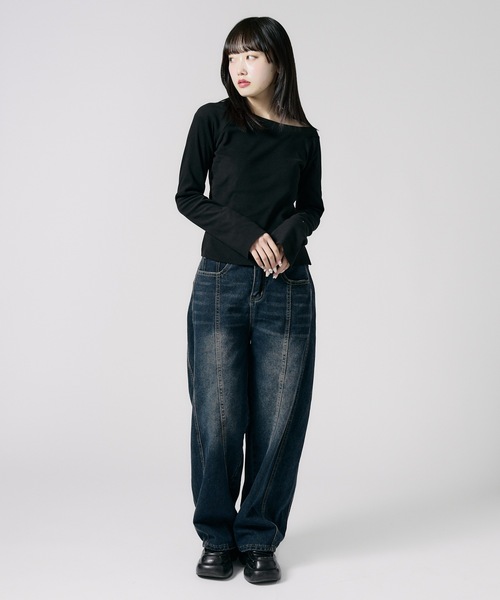 Chick(チック)の「Soft Tach Offshoulder Knit Sewn / ソフトタッチ オフショル ニットソー 夏物 夏服(Tシャツ/カットソー・レディース・グレー/ブラック・FREE)」の7枚目の写真