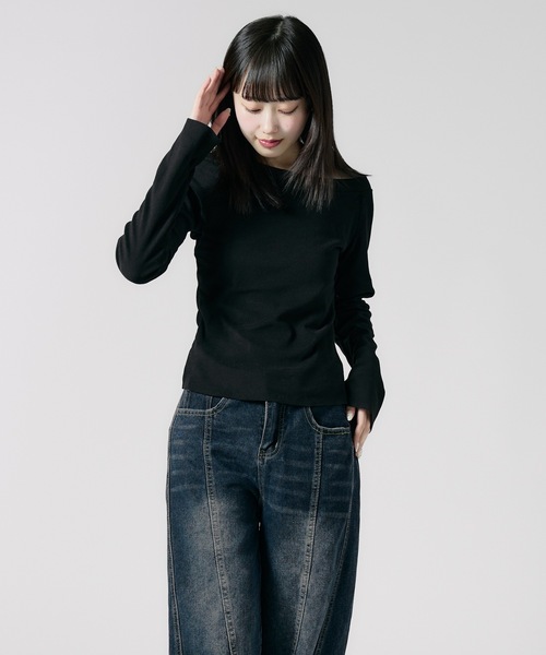 Chick(チック)の「Soft Tach Offshoulder Knit Sewn / ソフトタッチ オフショル ニットソー 夏物 夏服(Tシャツ/カットソー・レディース・グレー/ブラック・FREE)」の4枚目の写真