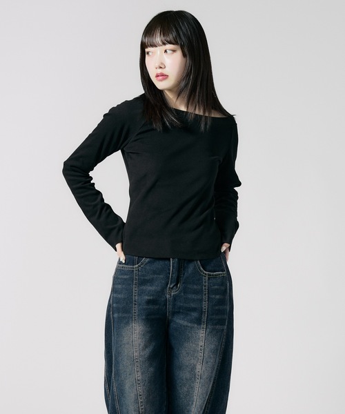 Chick(チック)の「Soft Tach Offshoulder Knit Sewn / ソフトタッチ オフショル ニットソー 夏物 夏服(Tシャツ/カットソー・レディース・グレー/ブラック・FREE)」の5枚目の写真