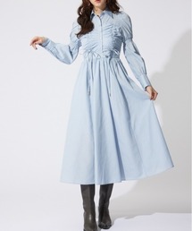 フロントシャーリングリボンシャツフレアワンピース 春服