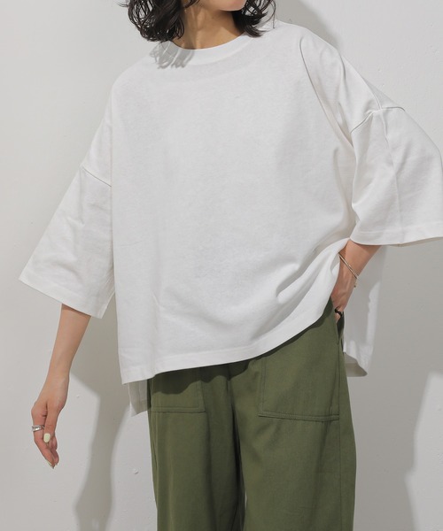 emesuelee(エメスーリー)の「UV遮蔽率90%以上 ヘビーウェイト天竺ワイドプルオーバー(Tシャツ/カットソー・レディース・ネイビー/グレイッシュベージュ/ブラック/アイボリー/ブルー・フリー)」の2枚目の写真