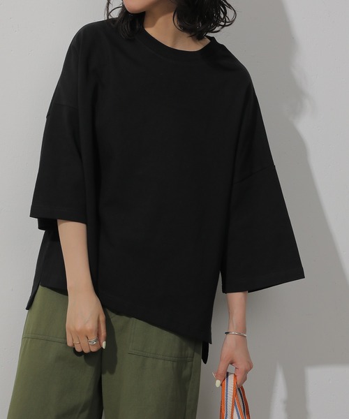 emesuelee(エメスーリー)の「UV遮蔽率90%以上 ヘビーウェイト天竺ワイドプルオーバー(Tシャツ/カットソー・レディース・ネイビー/グレイッシュベージュ/ブラック/アイボリー/ブルー・フリー)」の1枚目の写真