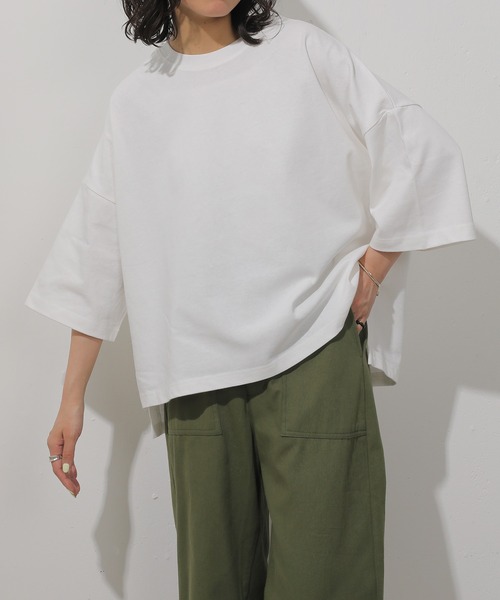 emesuelee(エメスーリー)の「UV遮蔽率90%以上 ヘビーウェイト天竺ワイドプルオーバー(Tシャツ/カットソー・レディース・ネイビー/グレイッシュベージュ/ブラック/アイボリー/ブルー・フリー)」の10枚目の写真