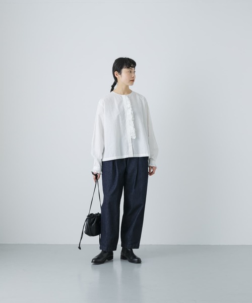 美品かぐれコットンリネンフリルブラウス/fleeサイズ カグレ かぐれ コットンリネンワッシャーフリルブラウス （L