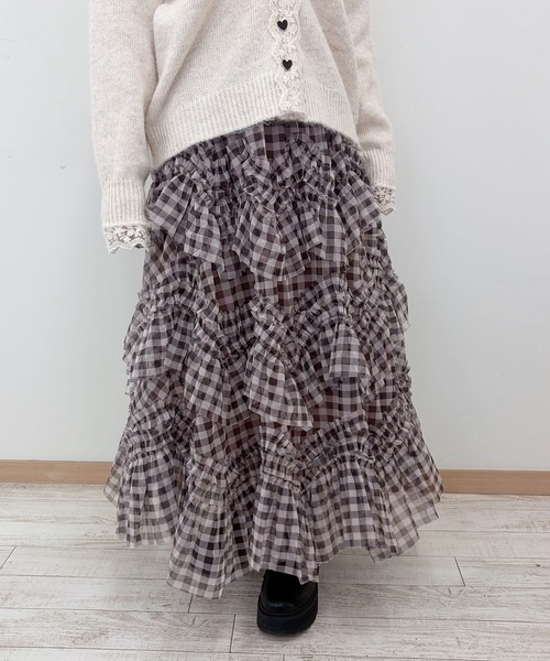 frunco（フランコ）の「【新色追加】ギンガムチェック段フリルスカート（スカート・レディース・ピンク/ブラック/ブラウン・FREE）」の3枚目の写真