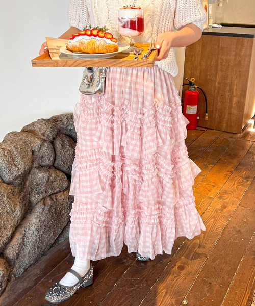 frunco（フランコ）の「【新色追加】ギンガムチェック段フリルスカート（スカート・レディース・ピンク/ブラック/ブラウン・FREE）」の14枚目の写真
