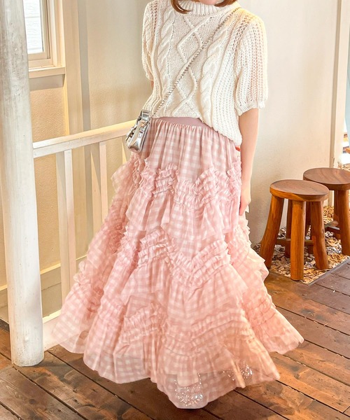 frunco（フランコ）の「【新色追加】ギンガムチェック段フリルスカート（スカート・レディース・ピンク/ブラック/ブラウン・FREE）」の5枚目の写真