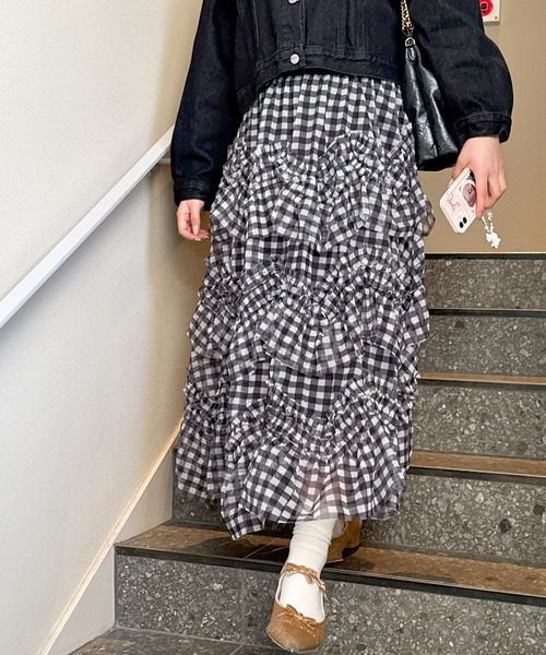 frunco（フランコ）の「【新色追加】ギンガムチェック段フリルスカート（スカート・レディース・ピンク/ブラック/ブラウン・FREE）」の19枚目の写真