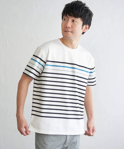 ikka(イッカ)の「【接触冷感/吸水速乾】アーバンドライパネルボーダーTシャツ(Tシャツ/カットソー・メンズ・グレー/グリーン/ホワイト/ネイビー・M/L/XL/S)」の5枚目の写真