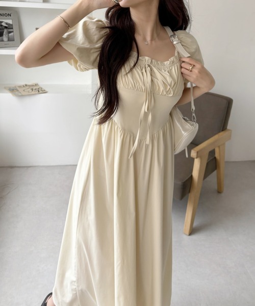 セール】2WAY 胸元ギャザー コルセット風切り替え フレアワンピース