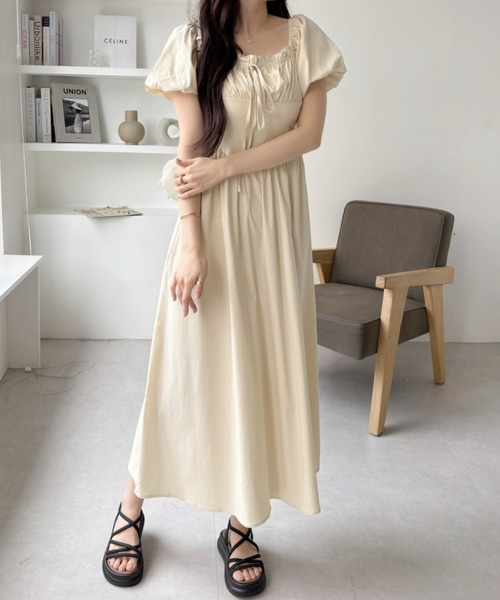 セール】2WAY 胸元ギャザー コルセット風切り替え フレアワンピース