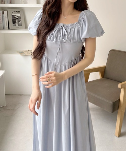 セール】2WAY 胸元ギャザー コルセット風切り替え フレアワンピース