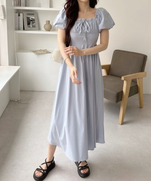 セール】2WAY 胸元ギャザー コルセット風切り替え フレアワンピース