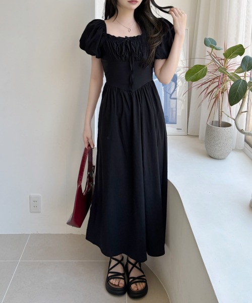 セール】2WAY 胸元ギャザー コルセット風切り替え フレアワンピース