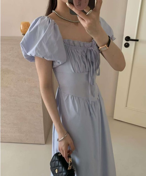 セール】2WAY 胸元ギャザー コルセット風切り替え フレアワンピース