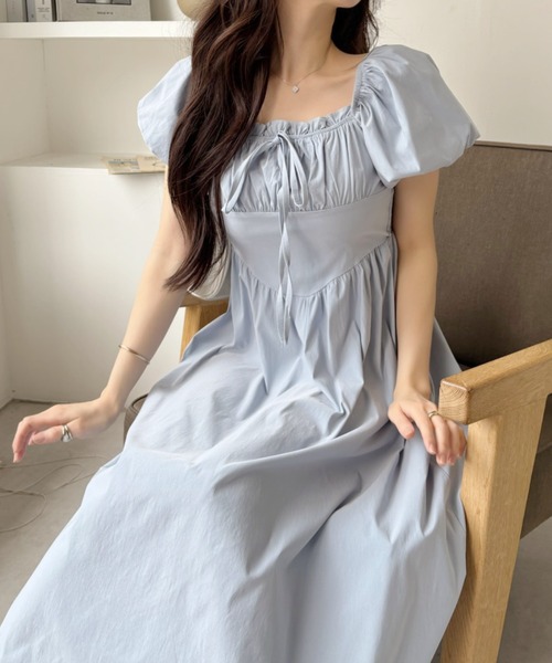 セール】2WAY 胸元ギャザー コルセット風切り替え フレアワンピース