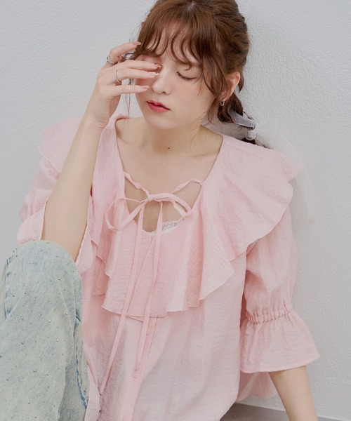 continuer de NICE CLAUP(コンティニューデナイスクラップ)の「【@_chipi2xセレクト】楊柳ラッフルブラウス(シャツ/ブラウス・レディース・ピンク/オフホワイト/ブラック・FREE)」の14枚目の写真