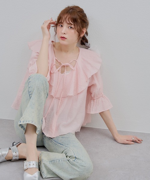 continuer de NICE CLAUP(コンティニューデナイスクラップ)の「【@_chipi2xセレクト】楊柳ラッフルブラウス(シャツ/ブラウス・レディース・ピンク/オフホワイト/ブラック・FREE)」の18枚目の写真