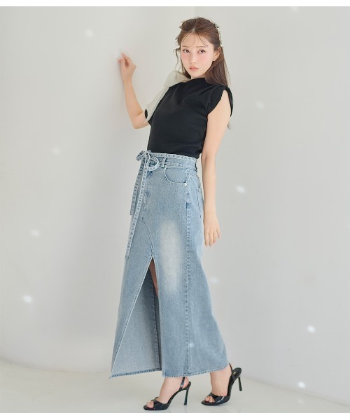ベルパーチストレッチデニム＆モール切替スカート Veritecoeur｜デニムJPスカート ST-187【デニム】【ジャンパースカート