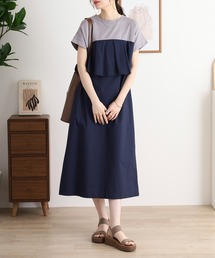 エグランティーヌ EGLANTINE 切り替えデザイン ノーカラーブラウス 7分袖 ゆったりシルエット （ネイビー系） セール】EGLANTINE バックライン 配色切替カットソー（Tシャツ