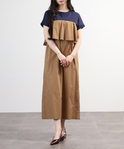 EGLANTINE(エグランティーヌ)の「EGLANTINE フレア切り替えバイカラーロングワンピース(ワンピース・レディース・ダークグリーン/ブラック/ネイビー/キャメル・40)」の4枚目の写真