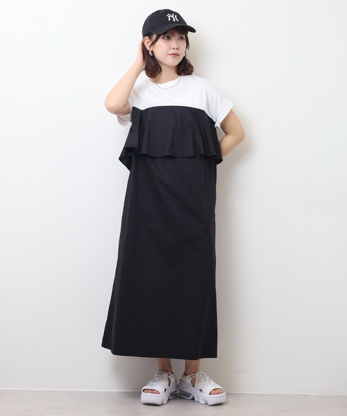 EGLANTINE(エグランティーヌ)の「EGLANTINE フレア切り替えバイカラーロングワンピース(ワンピース・レディース・ダークグリーン/ブラック/ネイビー/キャメル・40)」の5枚目の写真