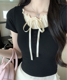 レイヤード風 フロントリボン Tシャツ