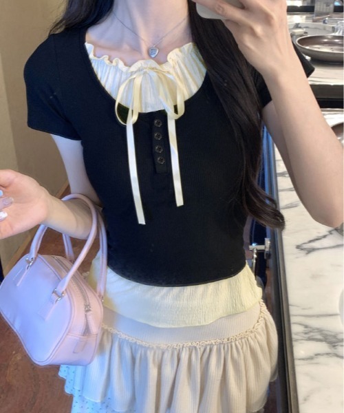 kirakiraShop(キラキラショップ)の「レイヤード風 フロントリボン Tシャツ(Tシャツ/カットソー・レディース・グレー/ブラック・FREE)」の4枚目の写真