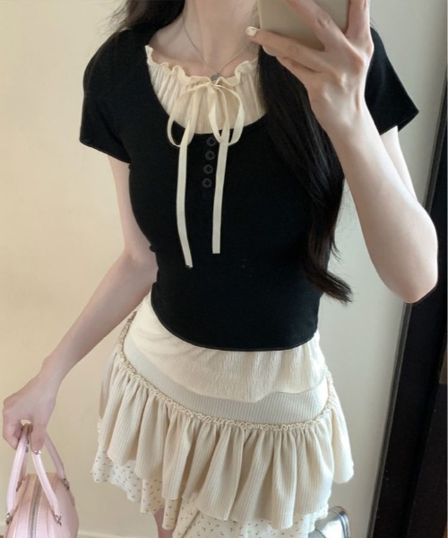 kirakiraShop(キラキラショップ)の「レイヤード風 フロントリボン Tシャツ(Tシャツ/カットソー・レディース・グレー/ブラック・FREE)」の14枚目の写真