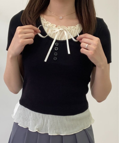 kirakiraShop(キラキラショップ)の「レイヤード風 フロントリボン Tシャツ(Tシャツ/カットソー・レディース・グレー/ブラック・FREE)」の5枚目の写真