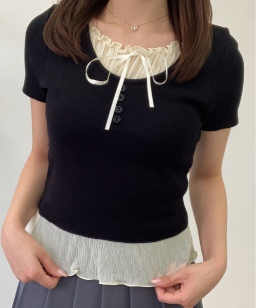kirakiraShop(キラキラショップ)の「レイヤード風 フロントリボン Tシャツ(Tシャツ/カットソー・レディース・グレー/ブラック・FREE)」の6枚目の写真