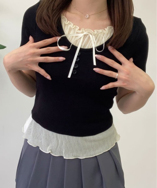 kirakiraShop(キラキラショップ)の「レイヤード風 フロントリボン Tシャツ(Tシャツ/カットソー・レディース・グレー/ブラック・FREE)」の16枚目の写真