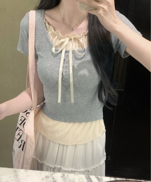 kirakiraShop(キラキラショップ)の「レイヤード風 フロントリボン Tシャツ(Tシャツ/カットソー・レディース・グレー/ブラック・FREE)」の18枚目の写真