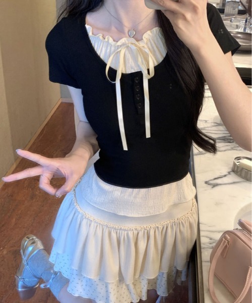 kirakiraShop(キラキラショップ)の「レイヤード風 フロントリボン Tシャツ(Tシャツ/カットソー・レディース・グレー/ブラック・FREE)」の15枚目の写真