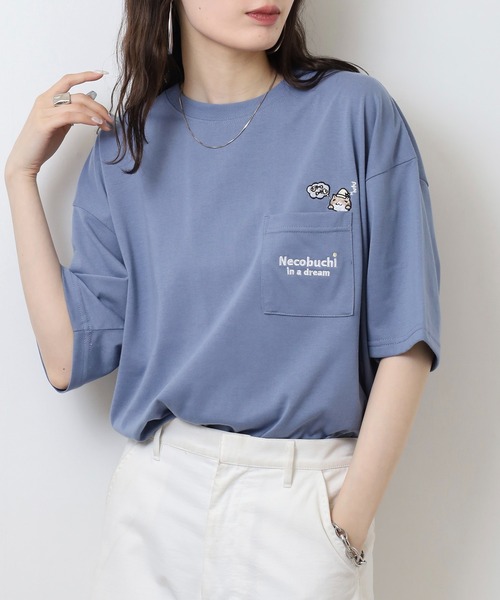 FUNALIVE（ファンアライブ）の「ねこぶちさん プリント＆刺繍ワイドTシャツ（Tシャツ/カットソー・メンズ・ホワイト/ブラック/サックスブルー/オフホワイト/ブルー/グリーン/ピンク系その他/スミクロ/ブラック系その他2/キナリ/グリーン系その他2/レモンイエロー・LL/M/L）」の10枚目の写真