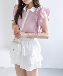 CLEAR BASIC（クリアベーシック）の「リボン付きフリルノースリーブブラウス[骨格ウェーブ/ガーリー/配色/通気性/春夏]≪再入荷≫（シャツ/ブラウス）」